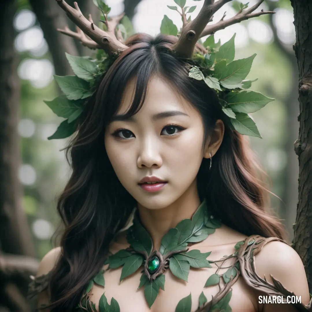 Dryad with a green leaf crown on her head and a tree branch in her hair