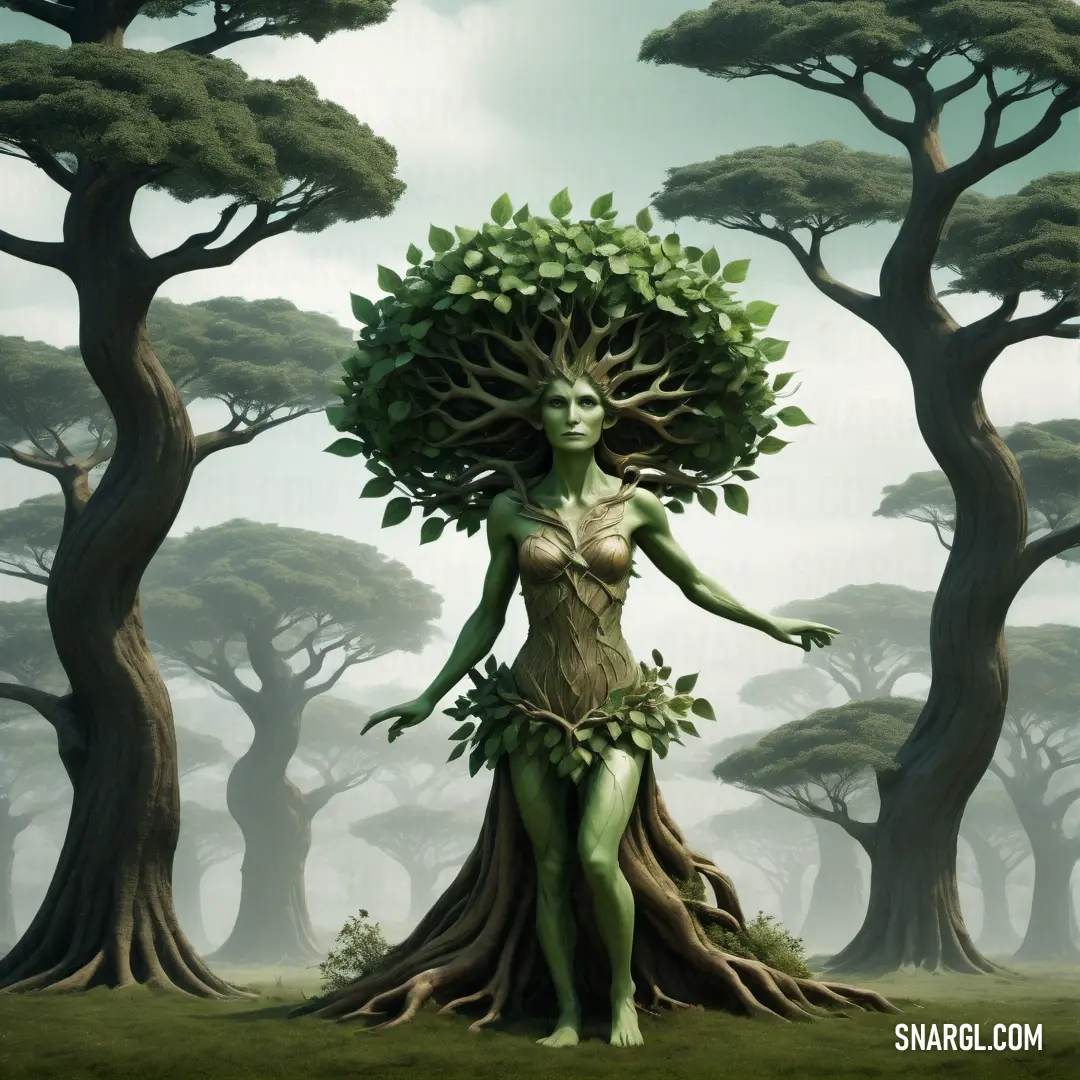 Dryad with a tree on her head standing in a field with trees in the background