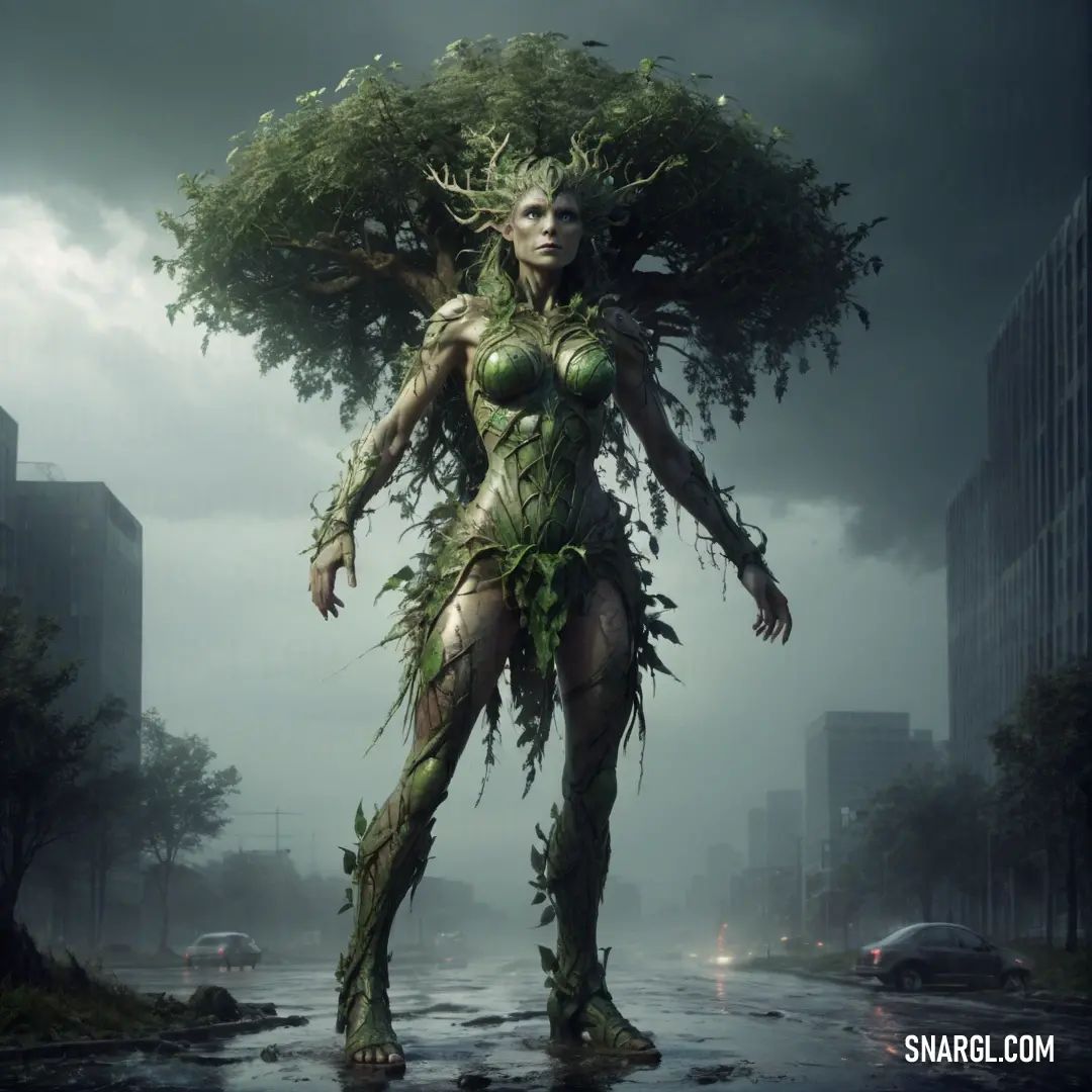 Dryad with a tree on her head and a body of plants on her head