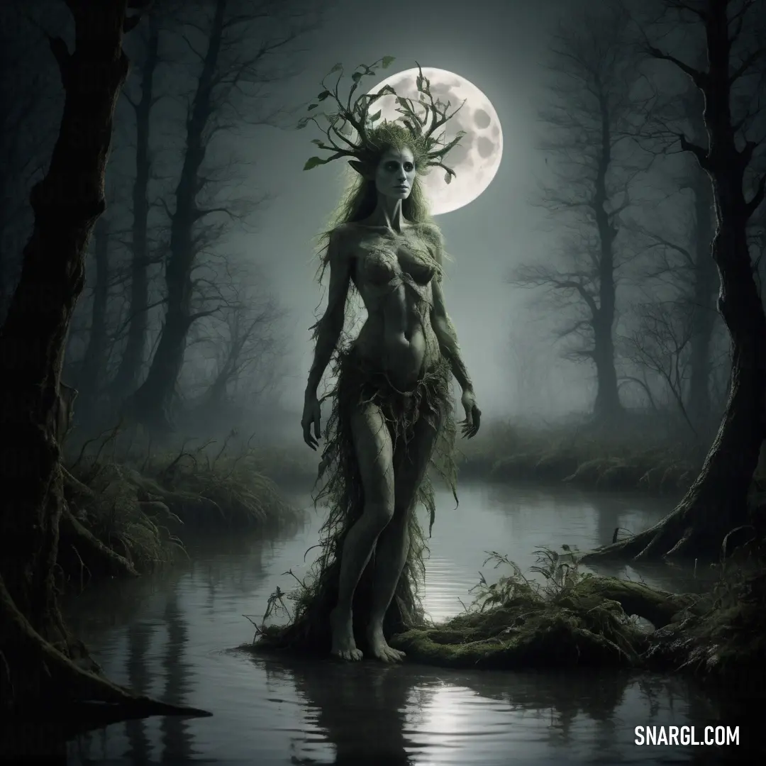 Woman with a weird head standing in a swampy area with a full moon in the background and trees