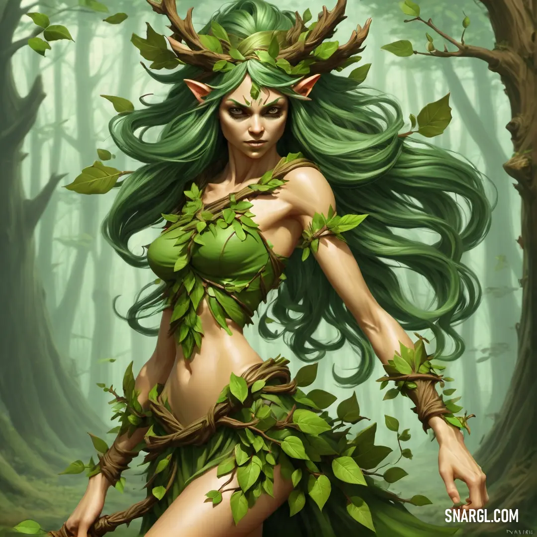 Dryad with green hair and a green outfit in a forest with leaves on her body and a deer's head