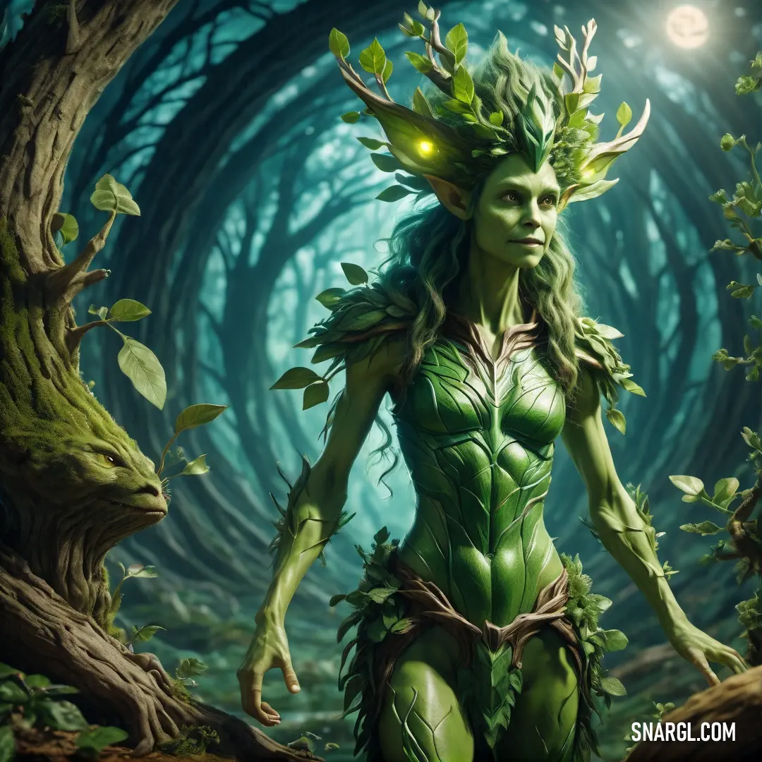 Dryad with green hair and a green outfit in a forest with trees and leaves on her head and eyes glowing