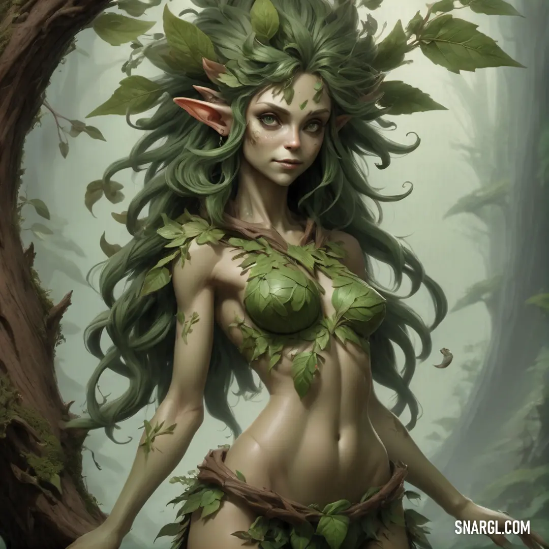 Dryad with green hair and leaves on her body in a forest with a tree branch in her hand