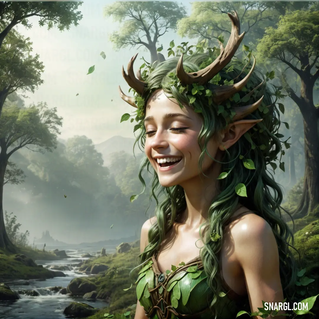 Dryad with horns and leaves on her head smiles in a forest with a stream running through it and trees and grass
