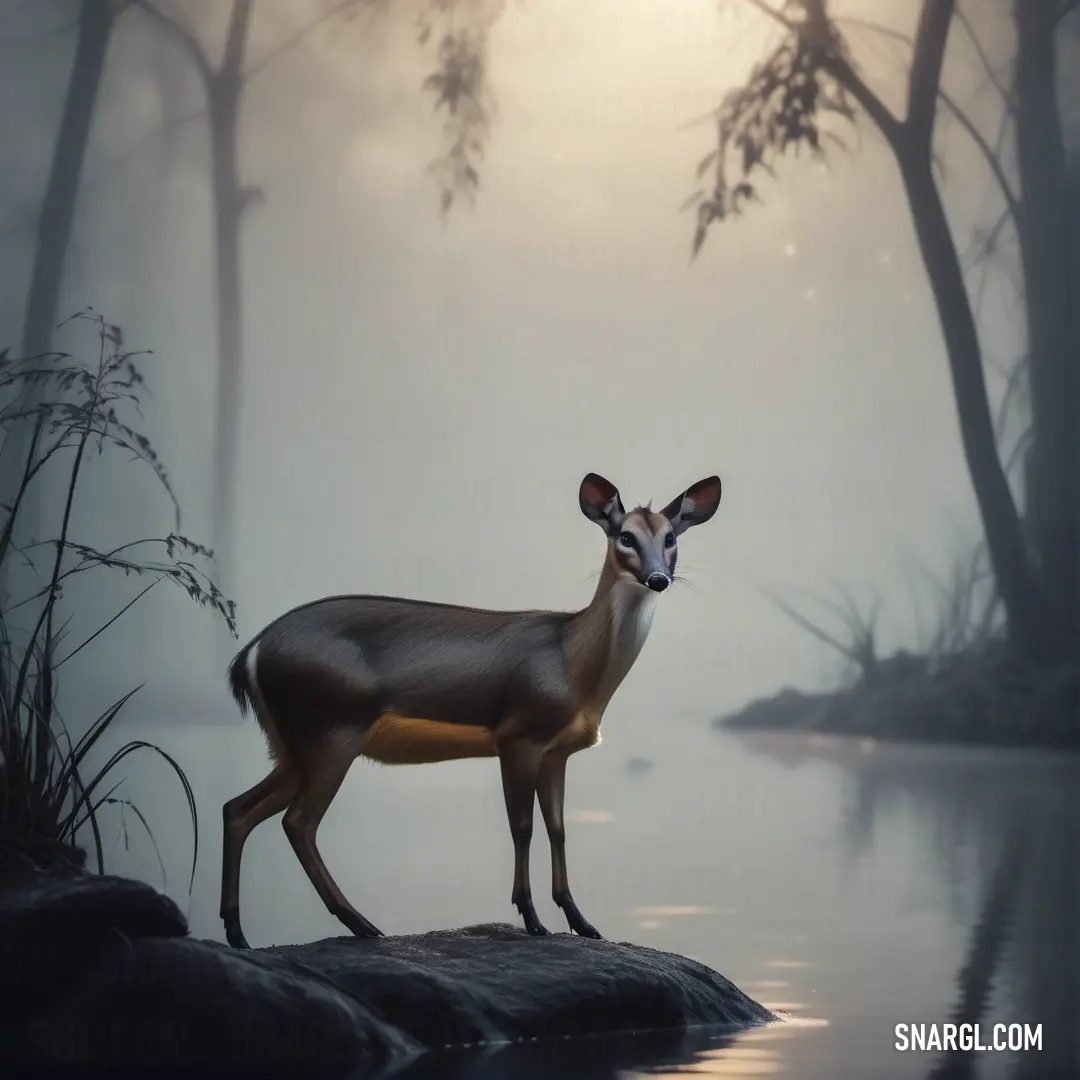 Deer standing on a rock in the middle of a lake with trees in the background