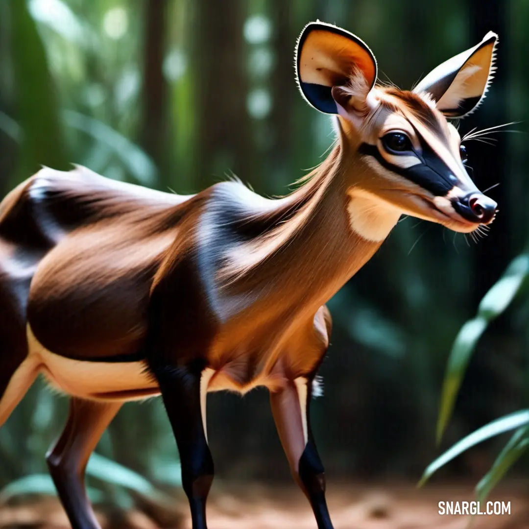 Small deer standing in the middle of a forest with bamboo trees in the background