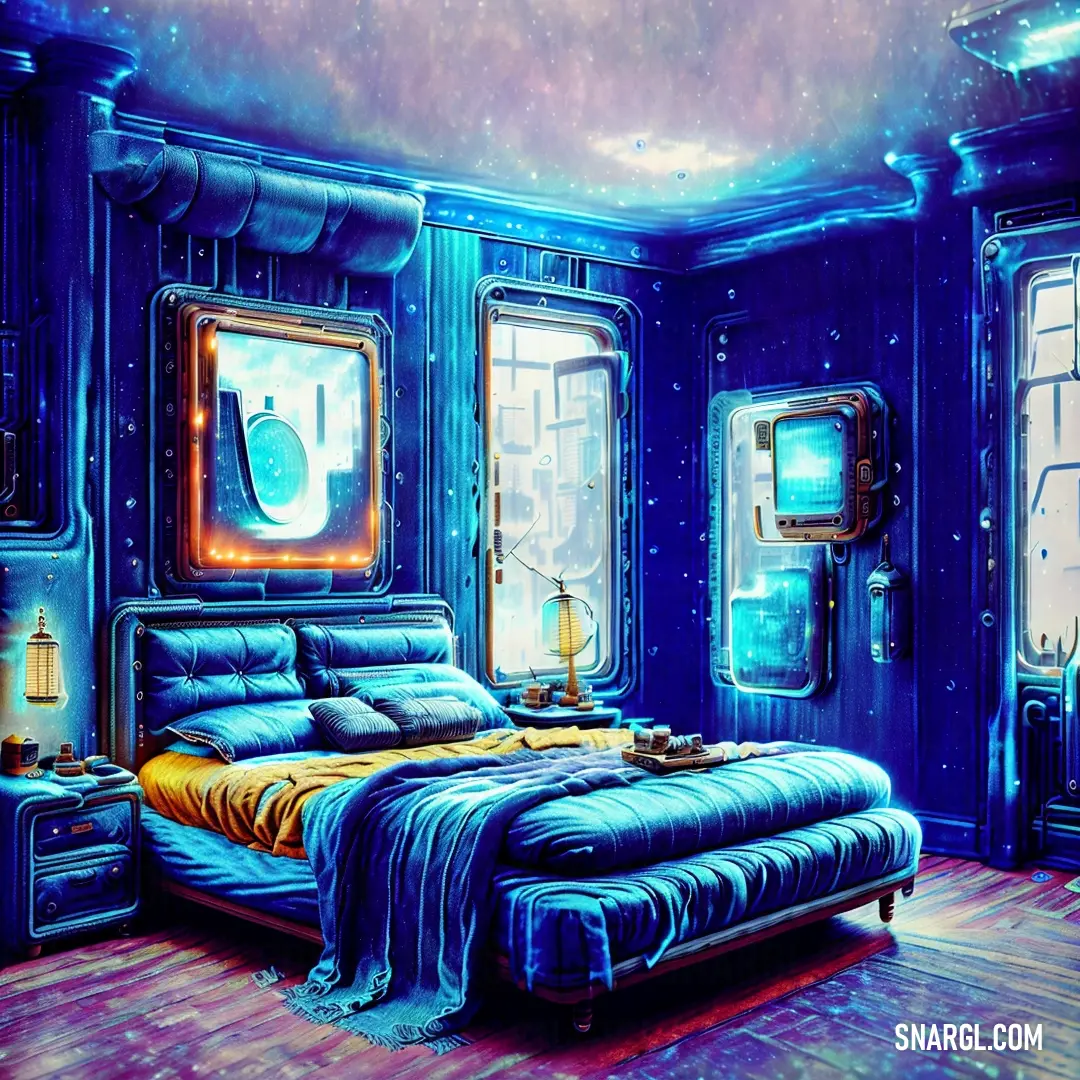Bedroom with a bed and a window in it and a painting of a space ship in the background