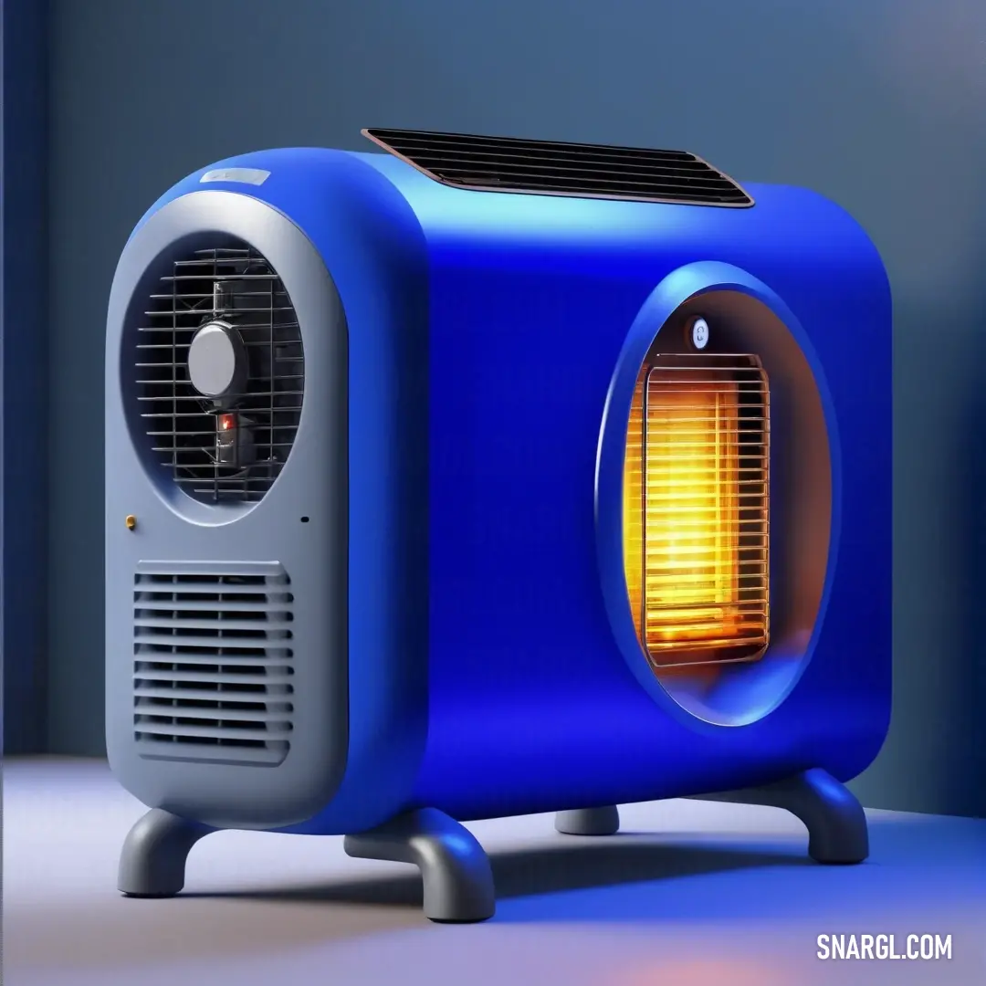 Duke blue color example: Blue heater on top of a table next to a wall mounted heater on a table, Fan Qi