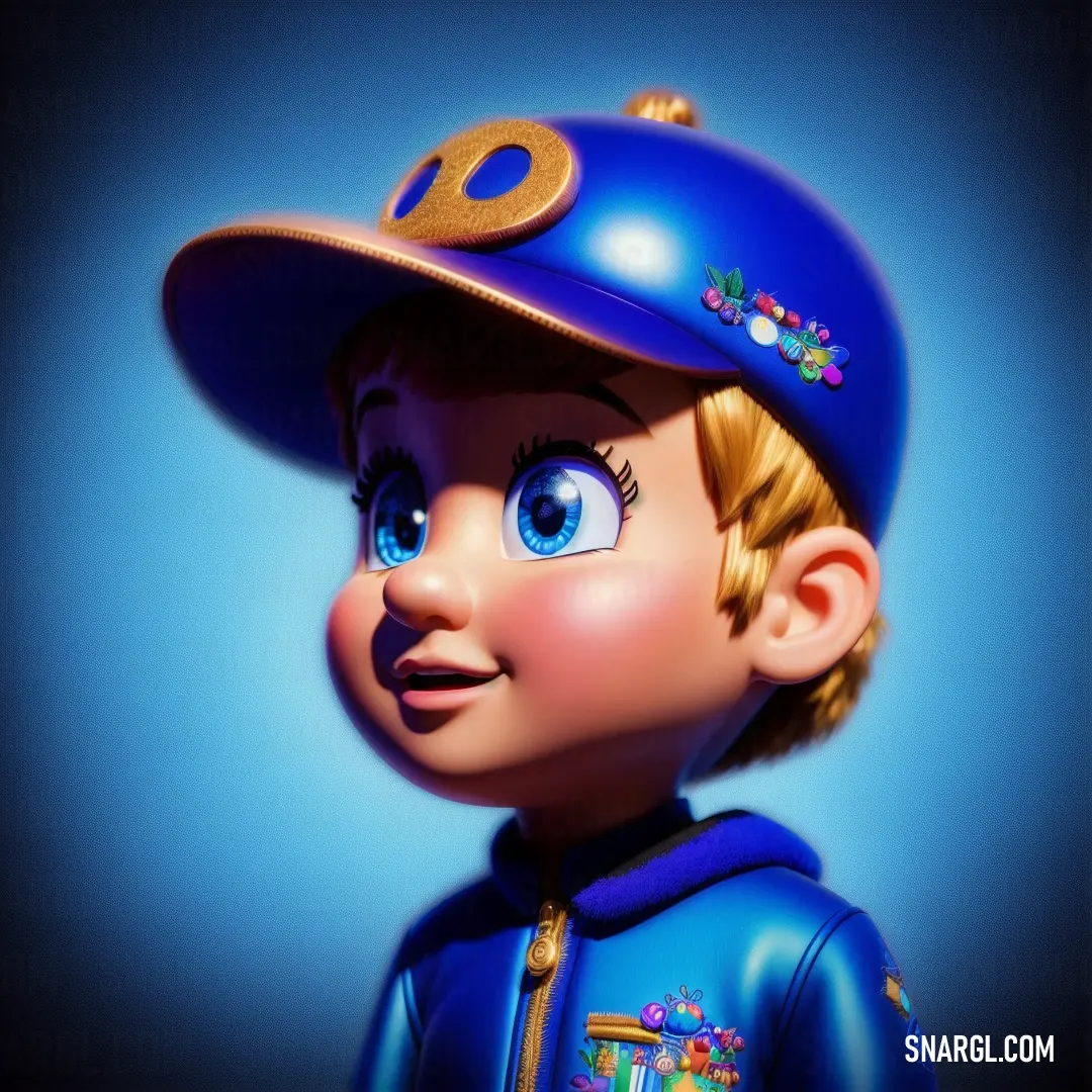 Cartoon boy wearing a blue baseball hat and blue jacket with a gold button on it's side. Color RGB 0,0,156.