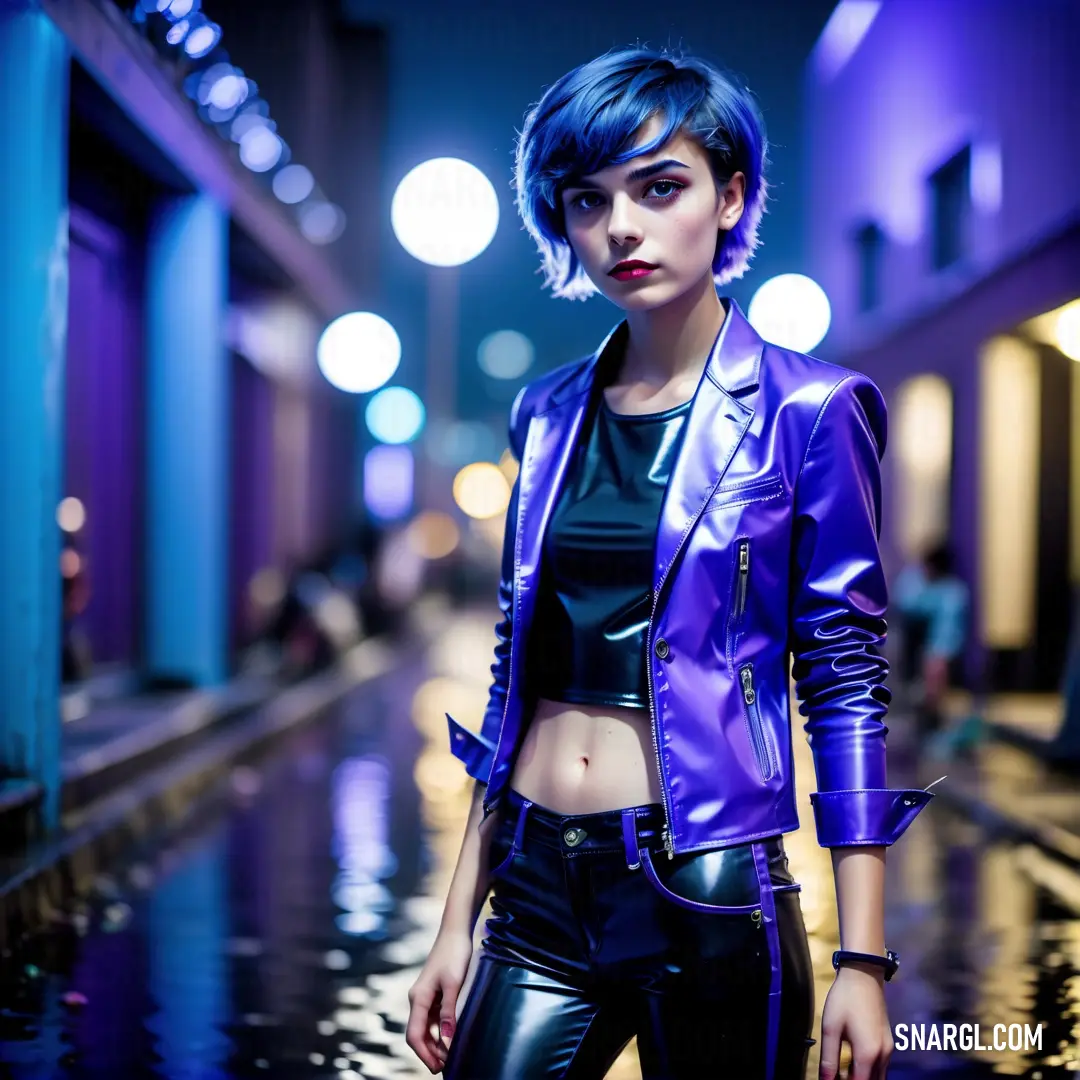 Woman in a purple jacket and black pants standing on a wet street at night with lights in the background. Color Duke blue.