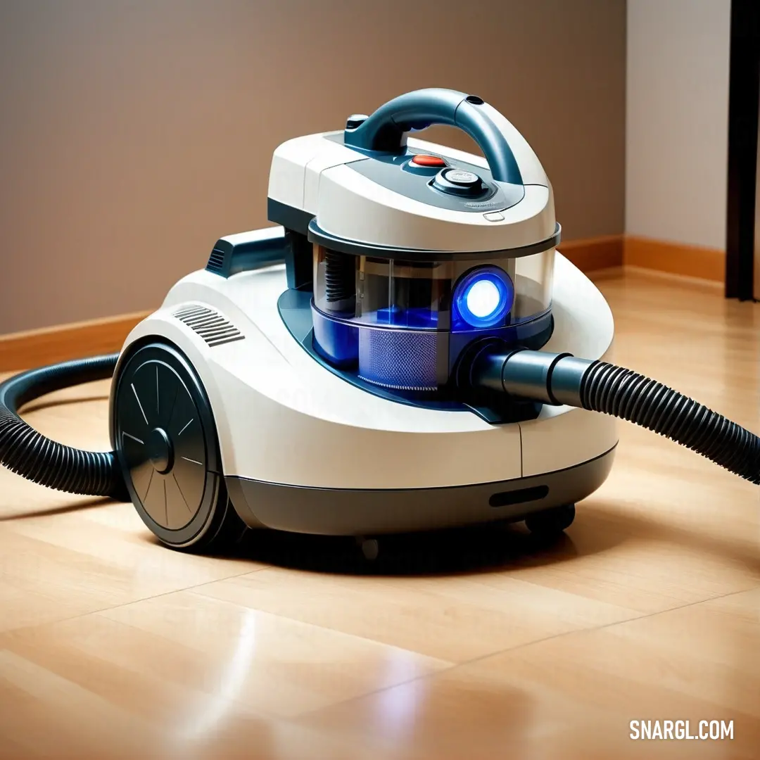 White and black vacuum on a wooden floor with a blue light on it's head. Color RGB 0,0,156.