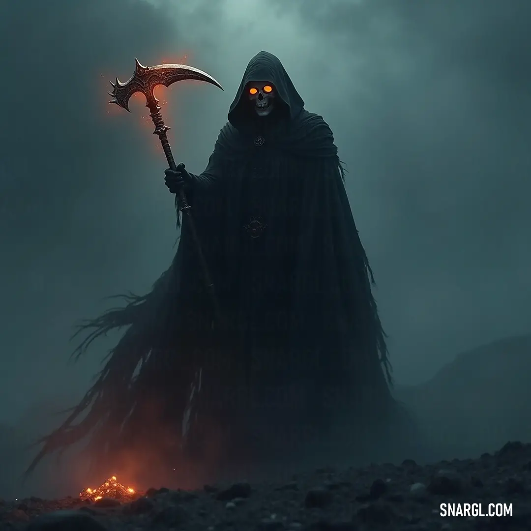 A mysterious Dullahan in a black robe, gripping a sceptacle, stands amidst a dark, foggy landscape, where lingering shadows seem to dance, hinting at deep, dark secrets. Dullahan, cloaked in an ominous black robe, holds a sceptacle in a fog-laden landscape, where darkness mingles with thick mist, creating an unsettling yet fascinating atmosphere filled with ancient lore.