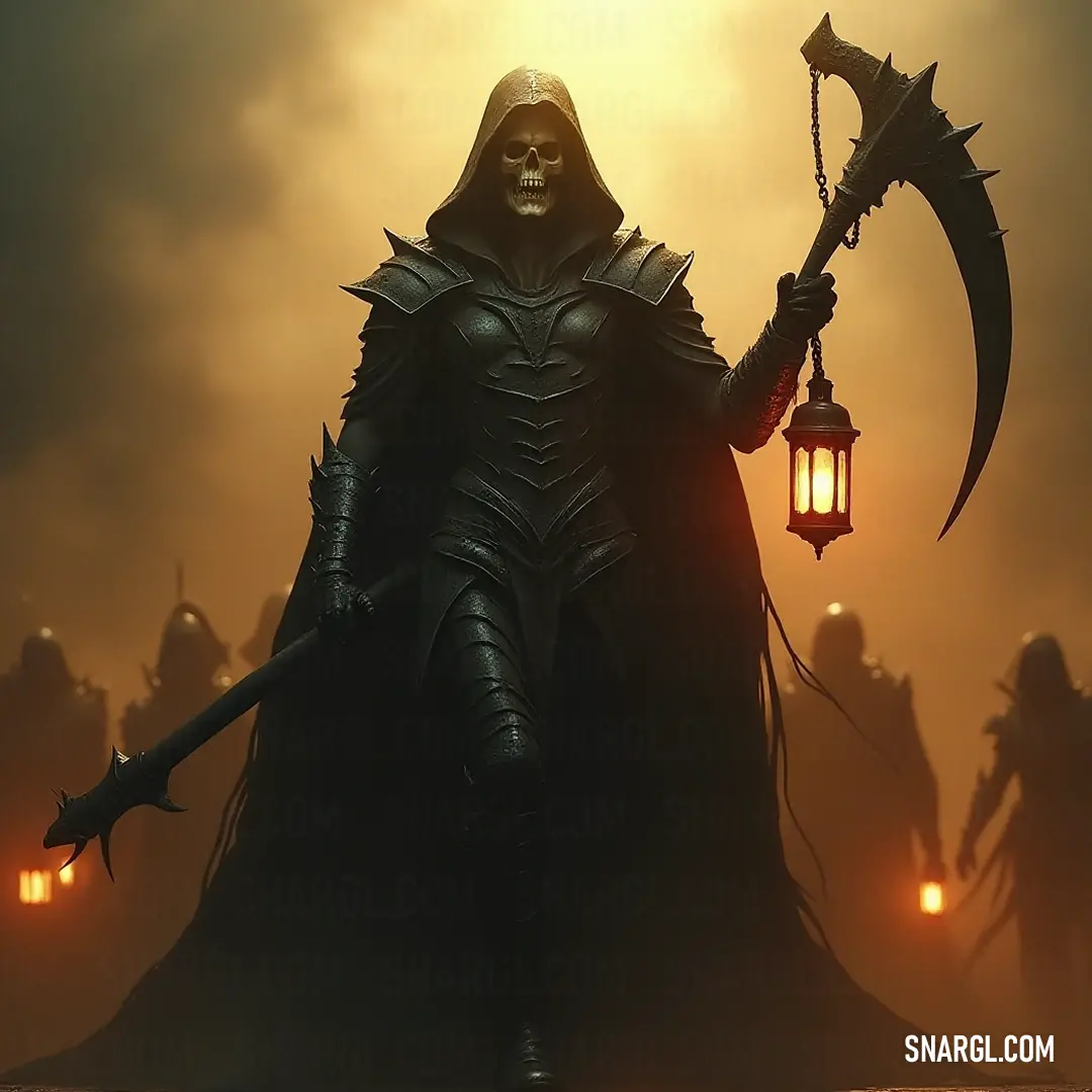 A Dullahan shrouded in a dark hooded suit, wielding a lantern and ancient sceptacle, radiating an aura of the supernatural. A mysterious Dullahan cloaked in a flowing hooded suit, gripping a lantern that casts eerie shadows, while his other hand holds an ancient sceptacle, embodying a ghostly presence in the night.