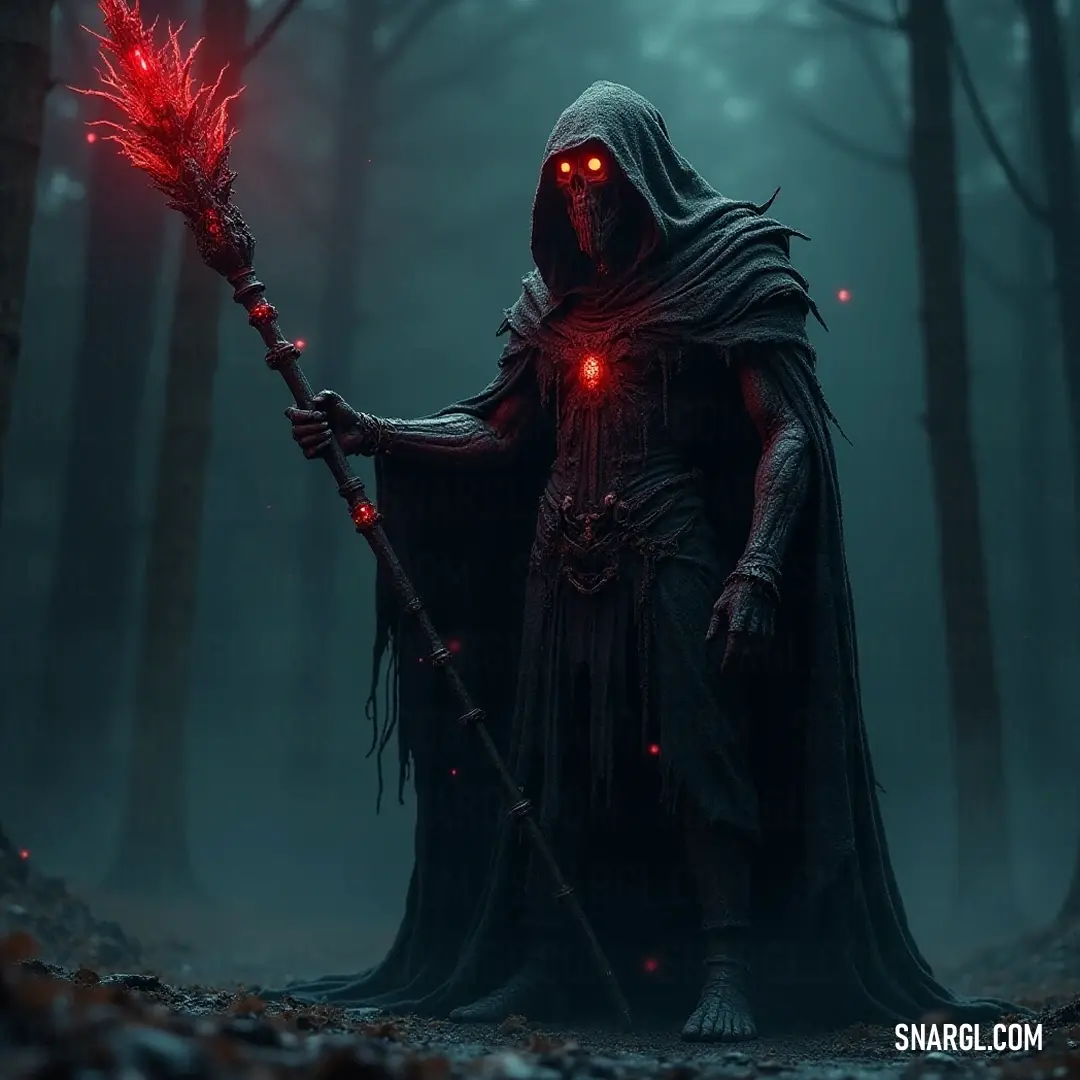 A Dullahan, draped in a hooded suit, holding a red light stick, stands in a fog-enshrouded forest, where tall trees loom like sentinels, blending elements of mystery and intrigue in a haunting nocturnal scene.