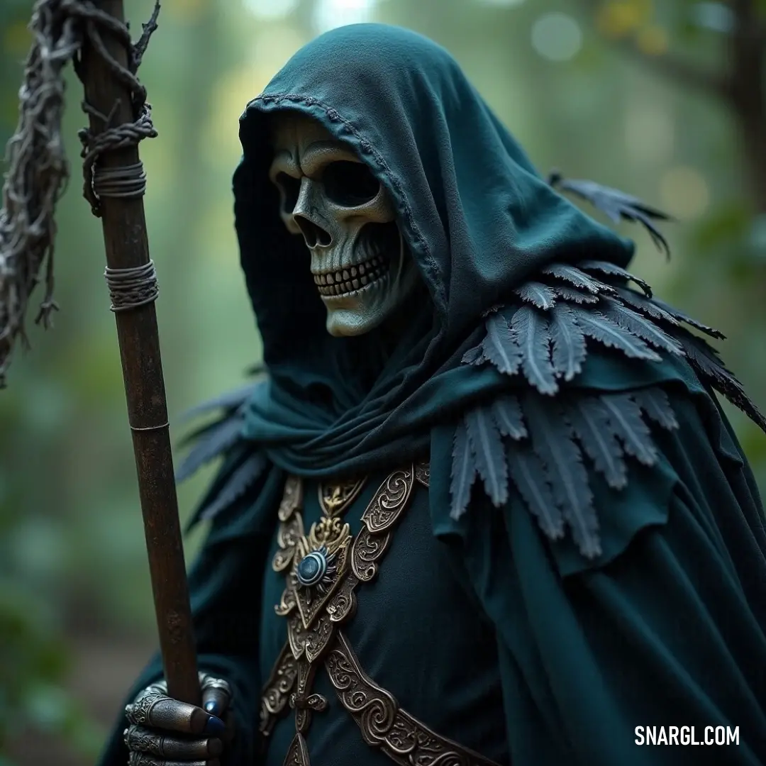 The Dullahan, cloaked in green, holds its staff as it surveys the ancient forest, a being of lore in the depths of nature's quiet. A Dullahan, wearing a flowing green cloak, grips a staff tightly as it stands amidst a dense forest, surrounded by towering trees and an air of supernatural tension.