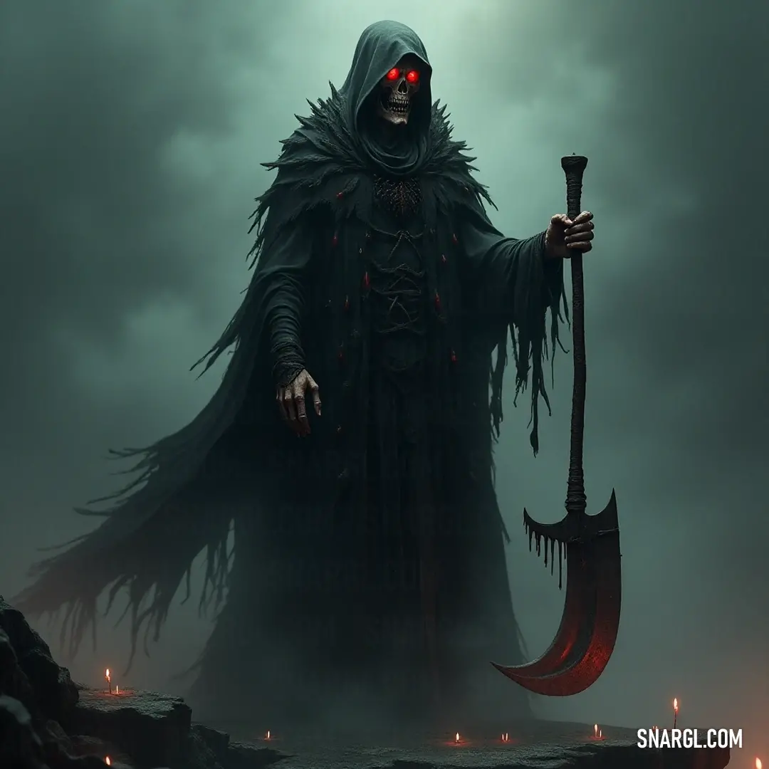 Grimter encircled by candles, holding a sceptacle in a mystical foggy landscape, revealing an air of mystery and ancient rituals. In a mystical foggy landscape, Grimter clutches a sceptacle surrounded by flickering candles. The ethereal glow casts ominous shadows, deepening the enigmatic allure of the scene.