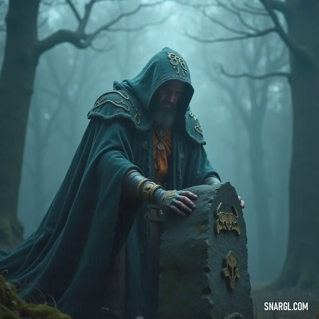 A hooded figure stands in a misty forest, holding a glowing stone in their hand, as the fog envelops the scene, creating an aura of mystery and adventure. A figure cloaked in a hood and cape stands in a foggy forest, holding a stone that glows faintly. The misty trees add an air of mystery and magic to the scene, suggesting a journey into the unknown.