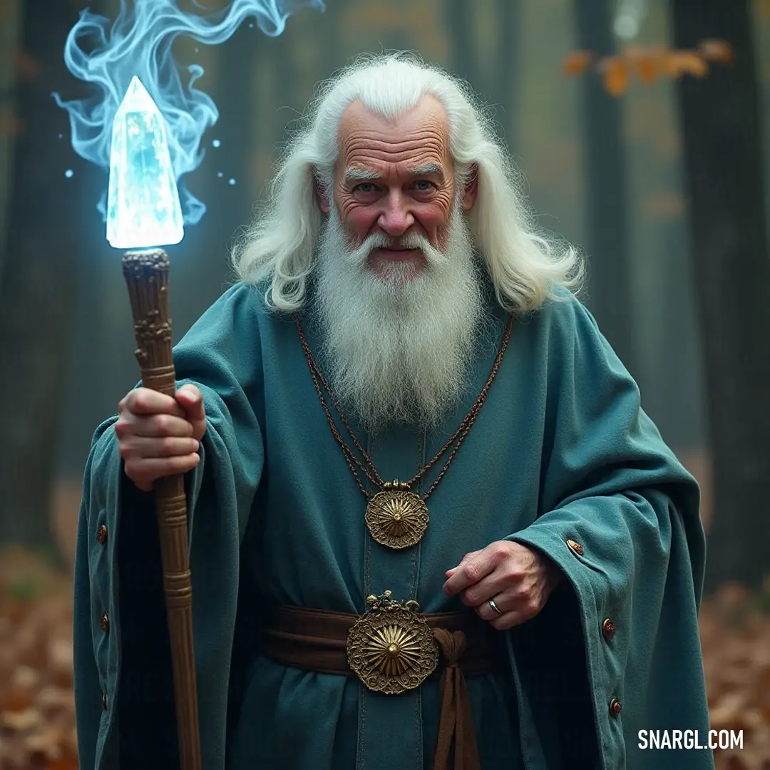A wise figure with a long white beard stands amidst ancient trees, wielding a wand emitting a mystical glow, while taking in the enchanting beauty of the forest surrounding him.