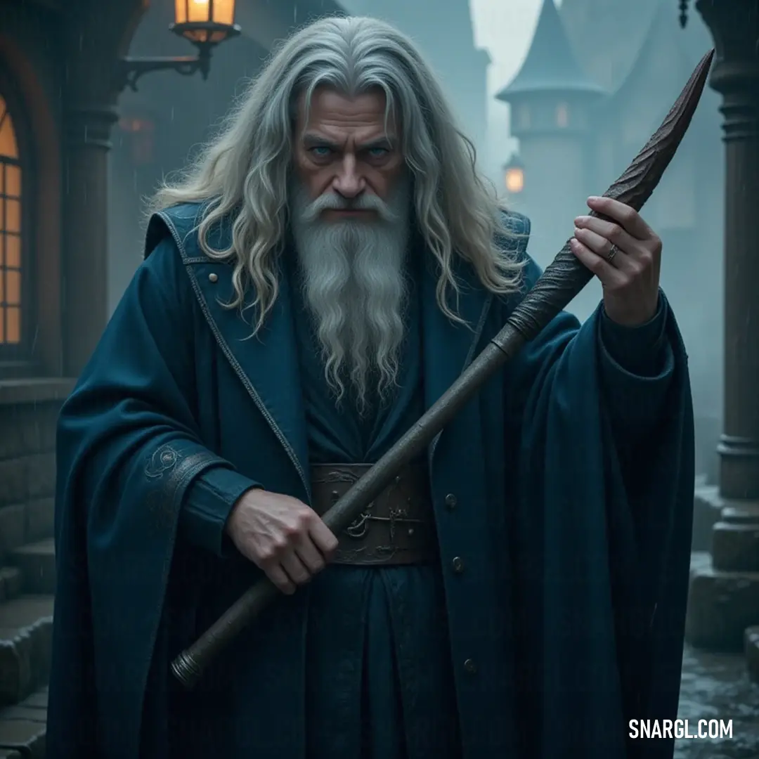 A wise sage with a long white beard and flowing robes holds a staff, radiating wisdom and commanding presence in an atmosphere rich with intrigue. A wise-looking figure adorned with a long white beard and flowing blue robes stands majestically, staff in hand, exuding wisdom and power as he gazes into the distance, surrounded by an air of mystery and ancient knowledge.