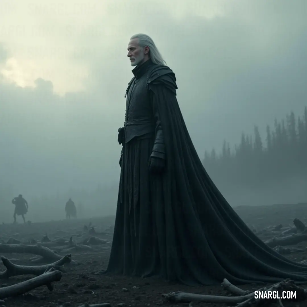 A dignified figure cloaked in black stands in a peaceful field, their presence offering an aura of wisdom, harmony, and a deep connection to nature. A majestic figure in a flowing black cloak stands gracefully amidst a tranquil field, the gentle rustle of leaves hinting at a connection to ancient trees, embodying serenity and strength.