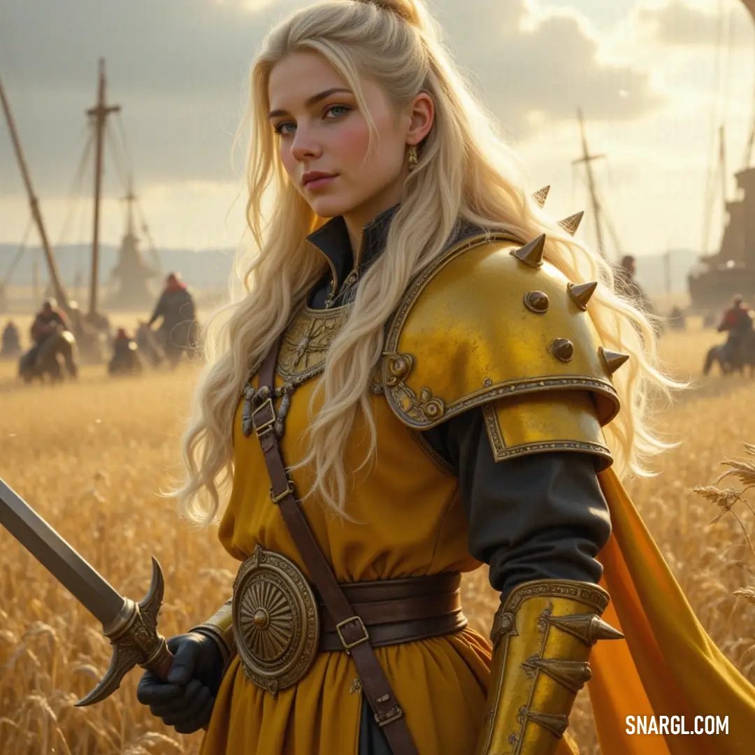 A noble character in a vibrant yellow attire, wielding a sword in a sun-kissed field of wheat, surrounded by others sharing in the moment. A regal figure in a flowing yellow garment holds a sword amidst a golden field of wheat, accompanied by a diverse group of people, evoking a sense of community and adventure.