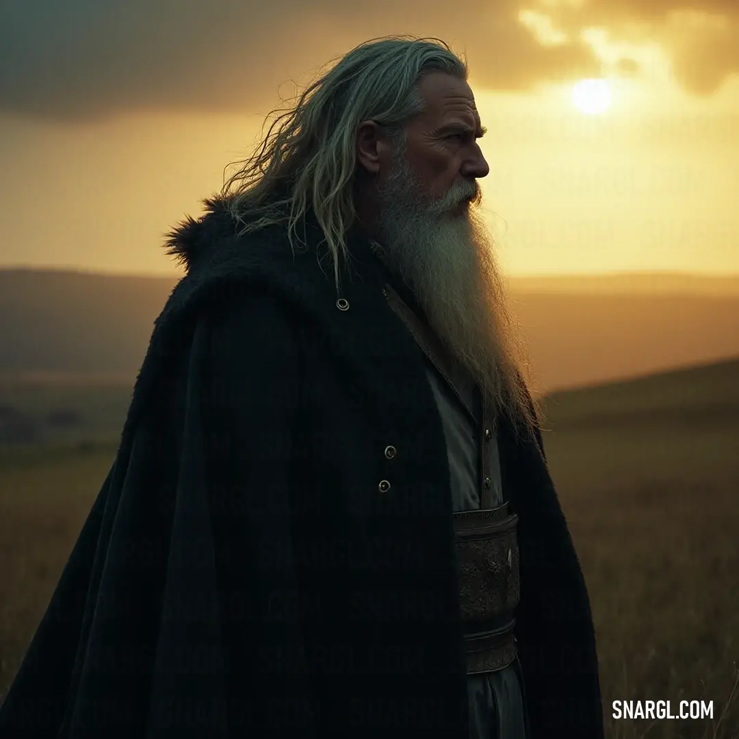 An elder with a flowing beard in a majestic cape standing in a sunset-lit field. Against the backdrop of a dazzling sunset, an elderly figure with a long white beard wears an elegant cape, standing gallantly in a serene field, surrounded by the soft glow of clouds that beckon the coming twilight.