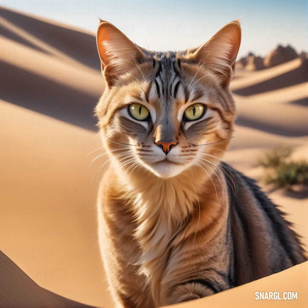 Dune cat is in the sand dunes looking at the camera with a desert background