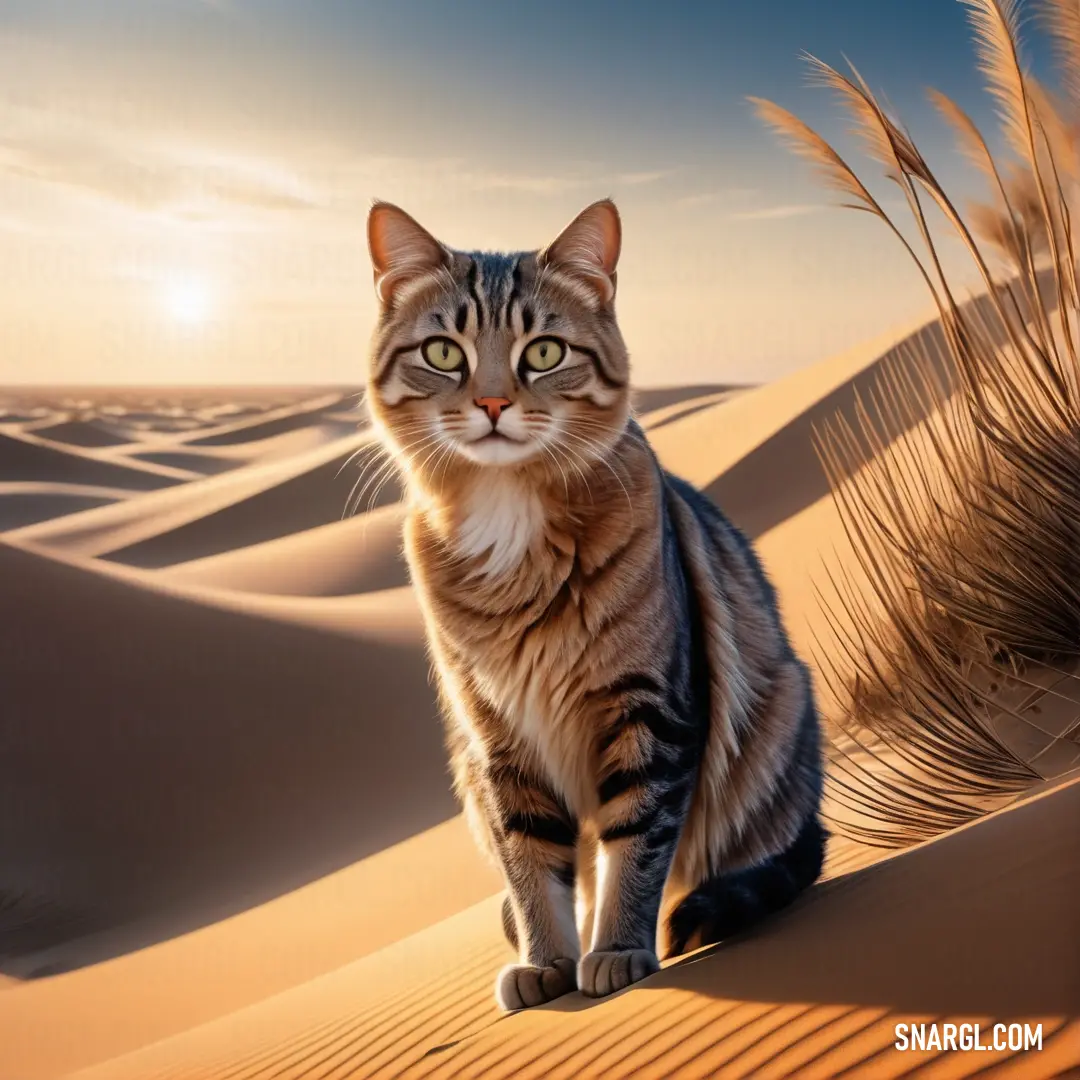 Dune cat on top of a sandy beach next to a tall grass plant and a sunset in the background