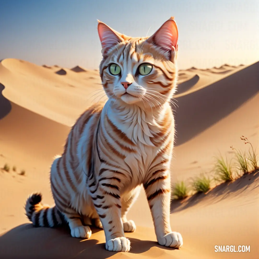 Dune cat on top of a sandy dune in the desert with a sky background