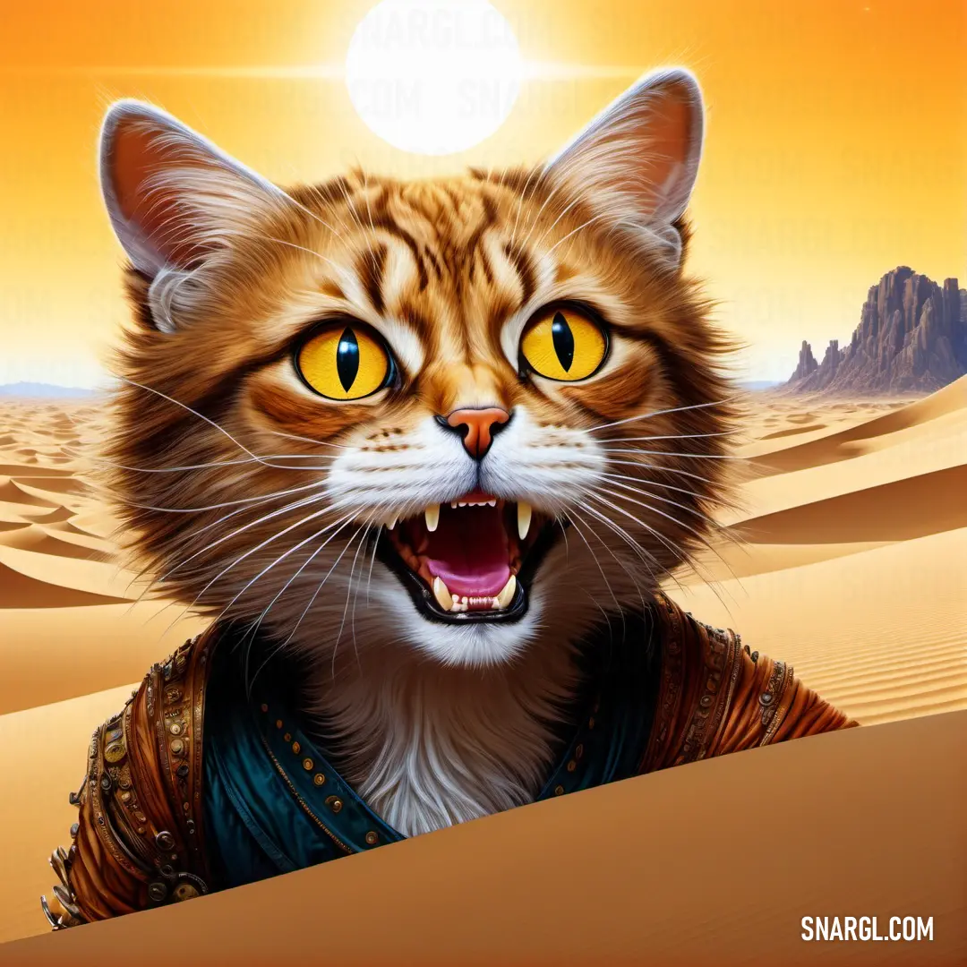 Dune cat with a desert scene in the background