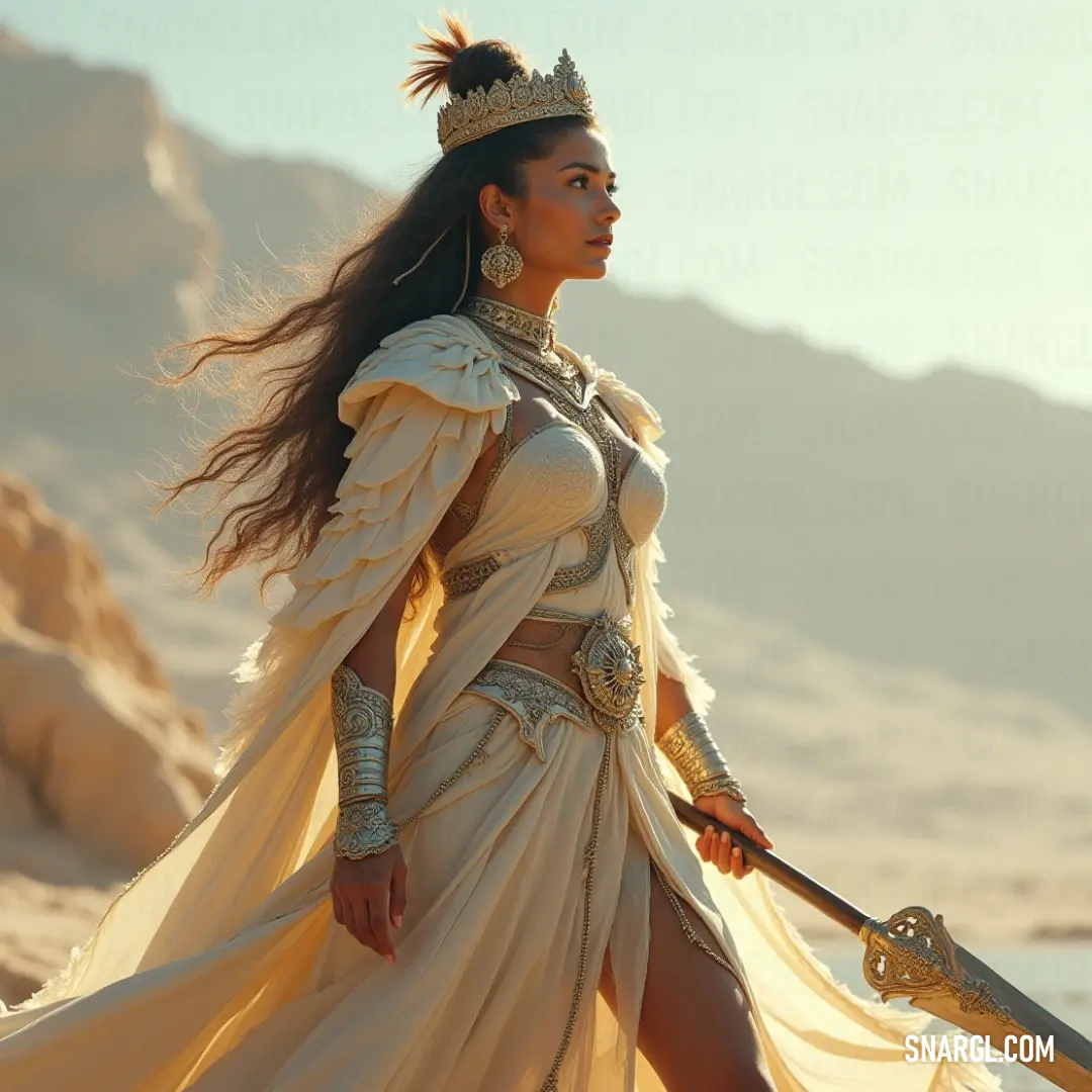 Durga in a royal costume, holding a sword and wearing a crown, embodying strength, grace, and divine protection. Durga, dressed in regal attire, stands tall, holding a sword in one hand and a crown atop her head. Her commanding presence fills the space as her long dress flows around her, exuding both power and grace.