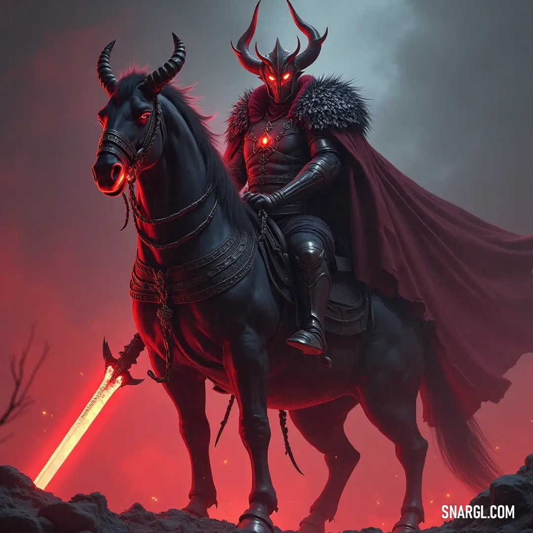 Duriel, astride a formidable black horse, wields a glowing red lightsaber against a backdrop of tumultuous storm clouds, embodying dark power. Riding a shadowy black horse, Duriel navigates a stormy sky, the air crackling with energy. In his other hand, a vibrant red lightsaber glows ominously, a fusion of power contrasting with the dramatic backdrop of swirling clouds.