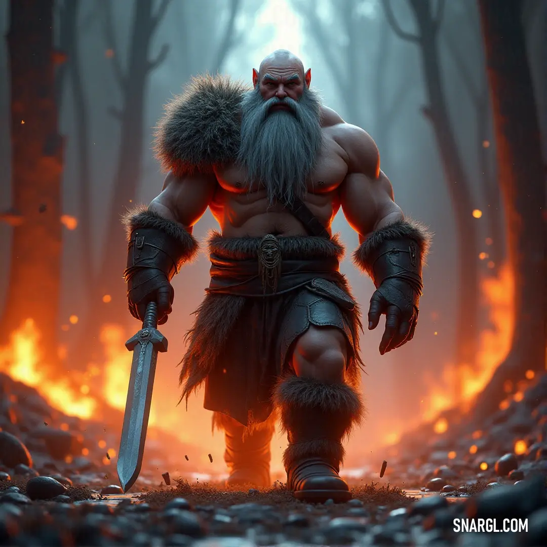 A distinguished figure, sword drawn, wearing a fur coat and standing on a rugged path surrounded by flames and rocks, ready to face the unknown.
