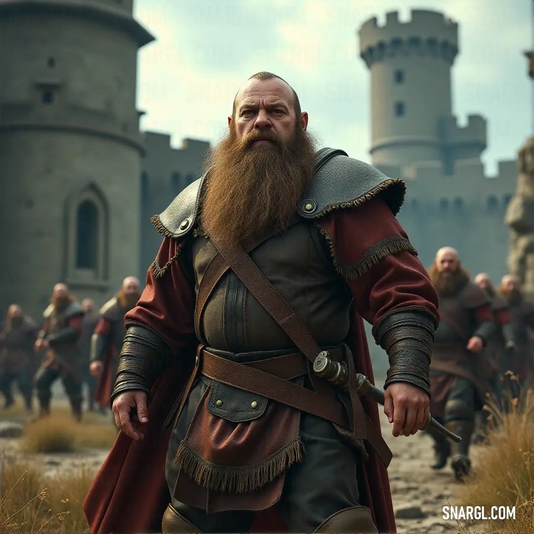 Durog, his beard a symbol of strength, stands proudly in medieval armor, surrounded by fellow warriors, all bound by their shared mission and spirit. Durog, with a fierce beard, dons medieval armor as he stands resolute among a group of men, each with their own story to tell. The scene is one of unity and strength, a moment frozen in time.