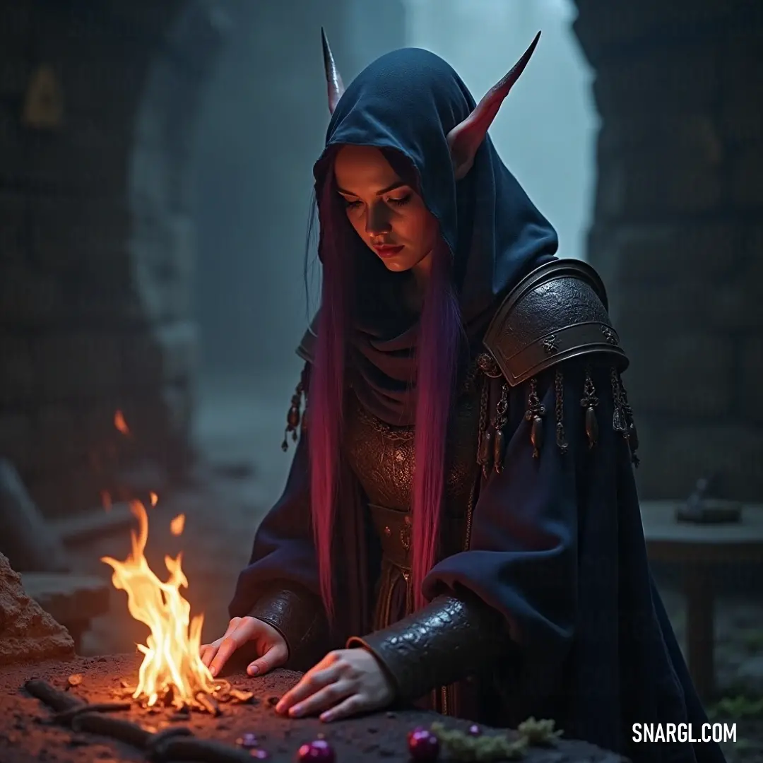 Dusk, dressed in a dark costume, sparks a flame in a shadowy, stone-walled room, the fire casting flickering shadows on her face. Dusk, cloaked in dark attire, kneels before a flickering flame, the light casting eerie shadows across the stone walls of the dimly lit room. Her fingers carefully hold the firestarter, a glimmer of hope in the darkness surrounding her.