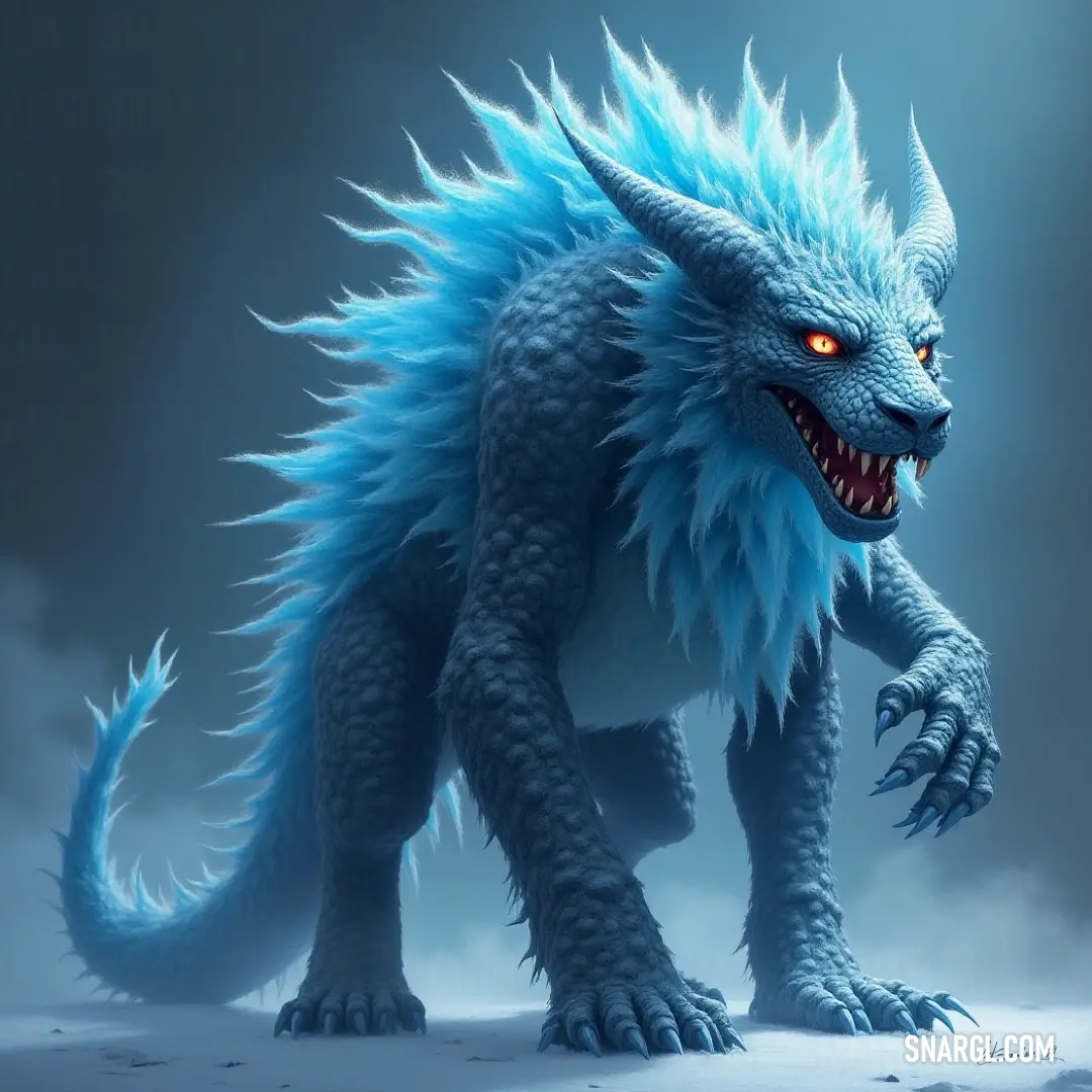 A fierce Blue Duskfang stands in the snow, its sharp teeth and glowing mouth sending a warning to anyone nearby. A Blue Duskfang, its sharp fangs and glowing mouth bared in the cold, stands in the snow. The beast’s icy-blue hue contrasts sharply with the wintry landscape, its presence a chilling force amid the frozen world.