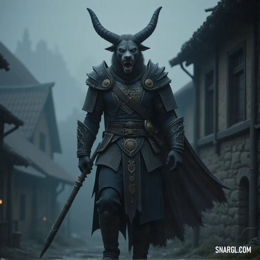 Duskfang, in a horned costume and demon mask, walks down a street, holding a sword in hand. Duskfang walks down a moonlit street, his horned costume and demon mask casting eerie shadows as he grips his sword tightly. The atmosphere is charged with an unsettling energy, as if a dark ritual is about to begin.
