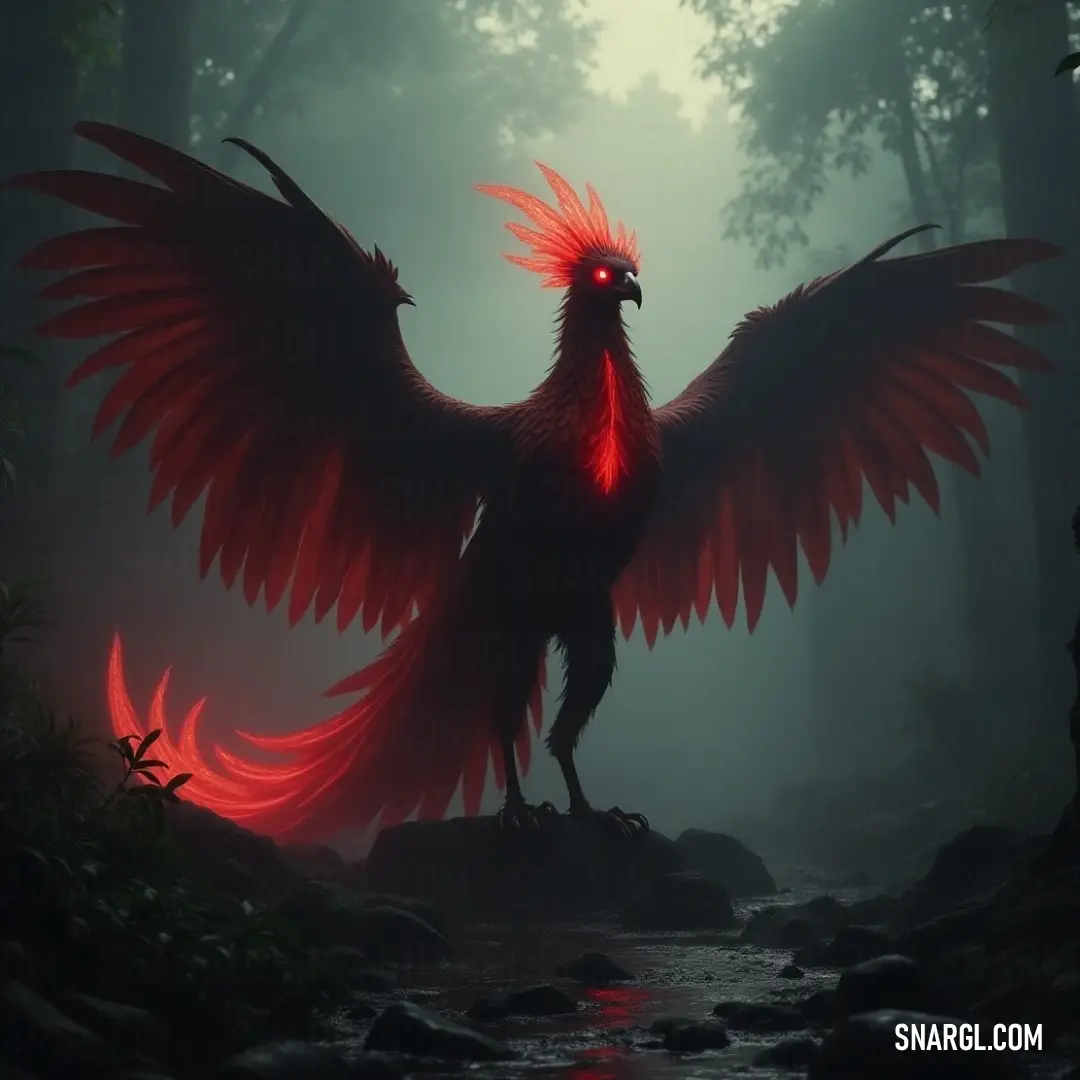A striking bird with vibrant red feathers stands proud on a rocky perch in a tranquil forest, with a stream flowing nearby, adding to the scene’s natural beauty. A majestic bird with fiery red feathers perches gracefully on a rock in the heart of a lush forest. A gentle stream winds its way through the forest floor, reflecting the creature’s fiery colors in the serene water below.