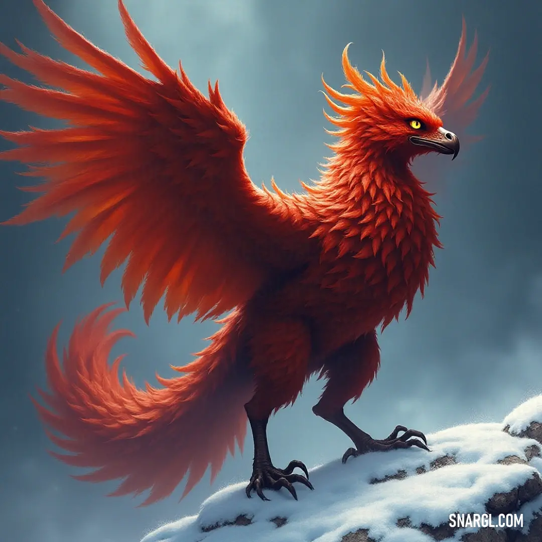 The enigmatic Red Duskfire, with piercing orange eyes, stands atop a snow-laden hill, casting its gaze toward a dramatic dark sky that reflects the mystery of its fiery spirit.