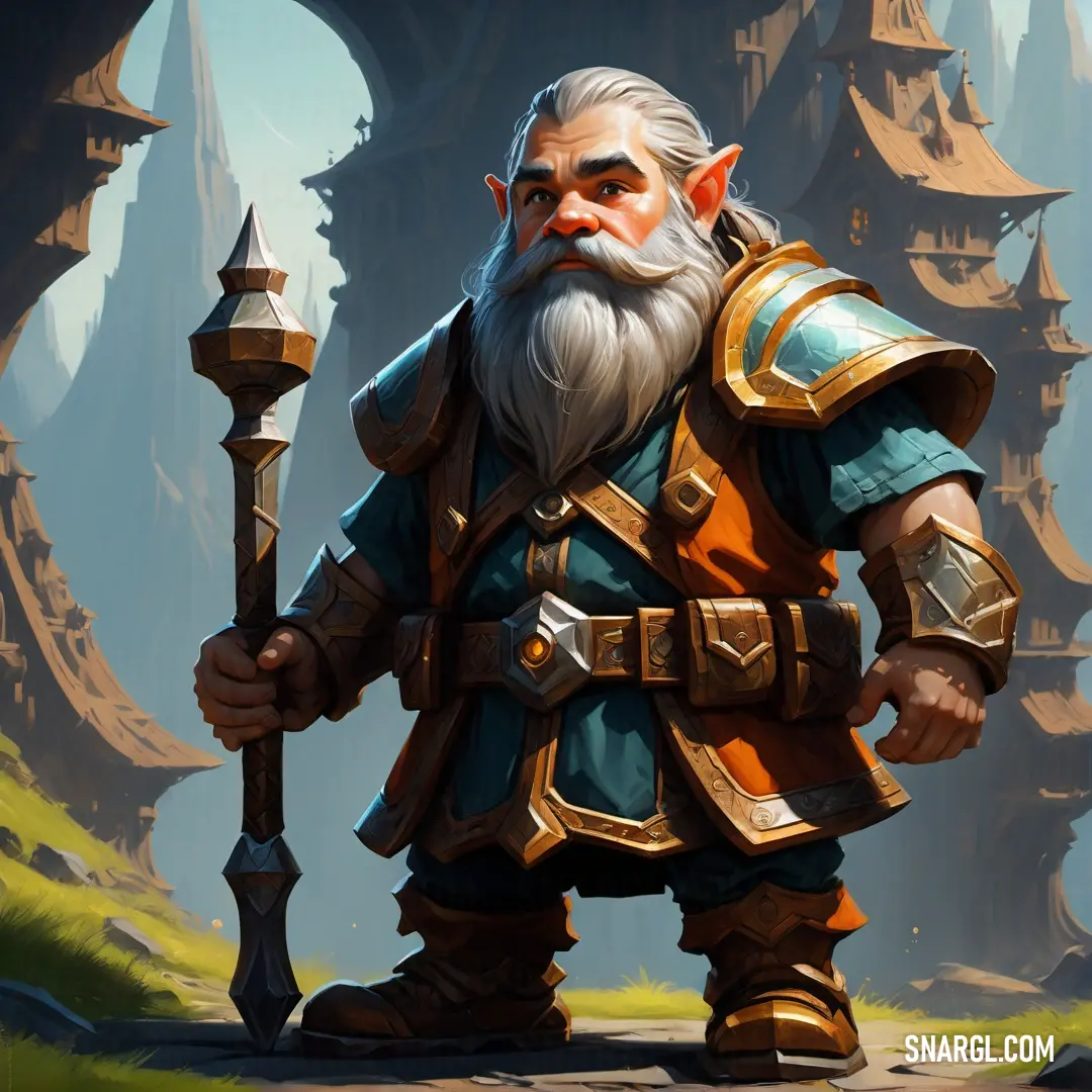 Dwarf with a beard and a beard holding a sword in front of a forest with trees and rocks