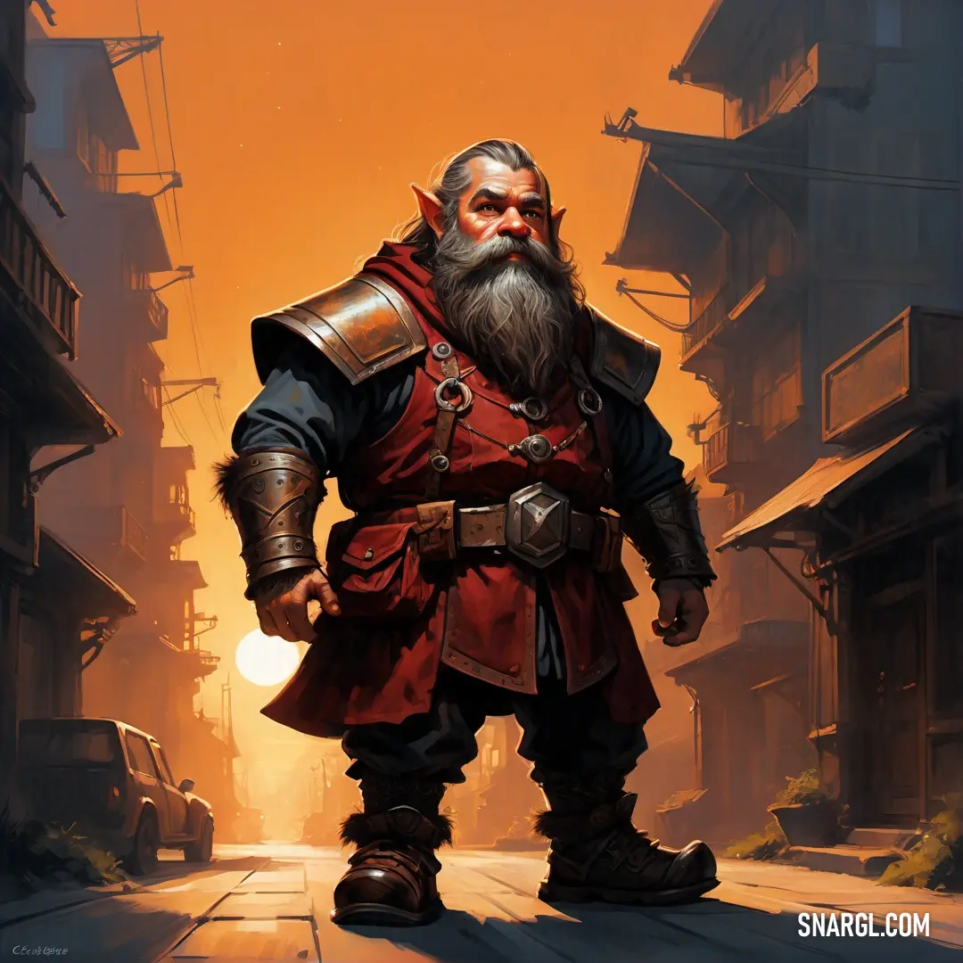 Dwarf with a beard and a beard wearing a red outfit and a helmet standing in a narrow alleyway