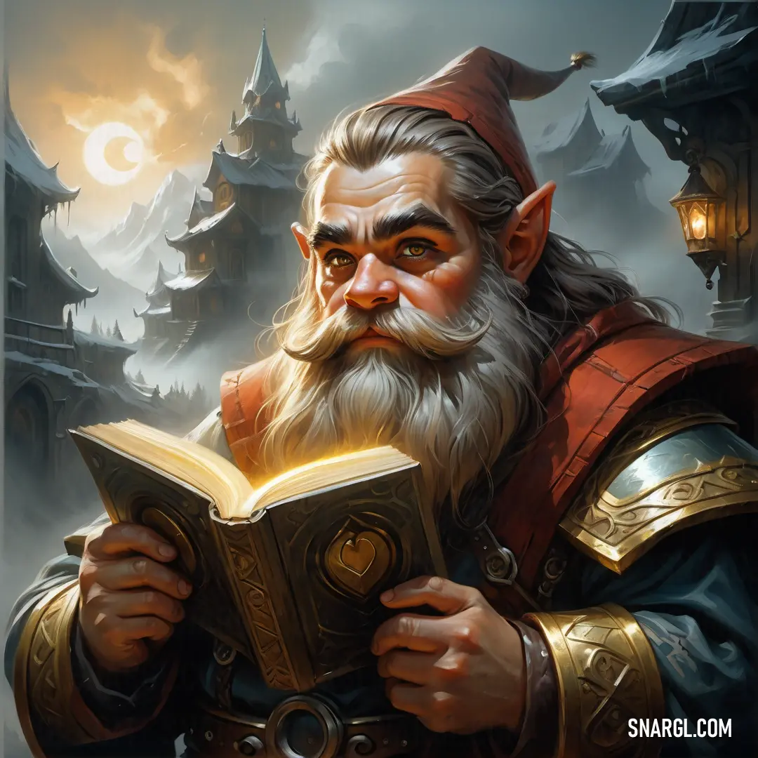 Dwarf with a beard and a beard holding a book in his hands and looking at the camera with a glowing light