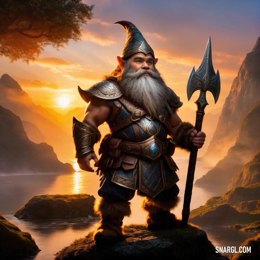 Dwarf with a beard and a beard holding a large axe in his hand and standing on a rock