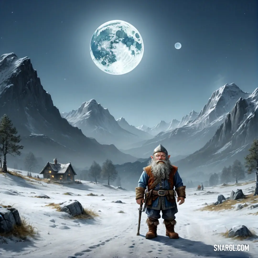 Dwarf with a beard and a beard standing in the snow with a full moon in the background