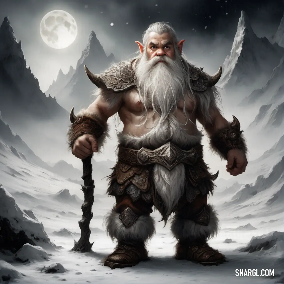 Dwarf with a beard and a beard standing in the snow with a large horned head