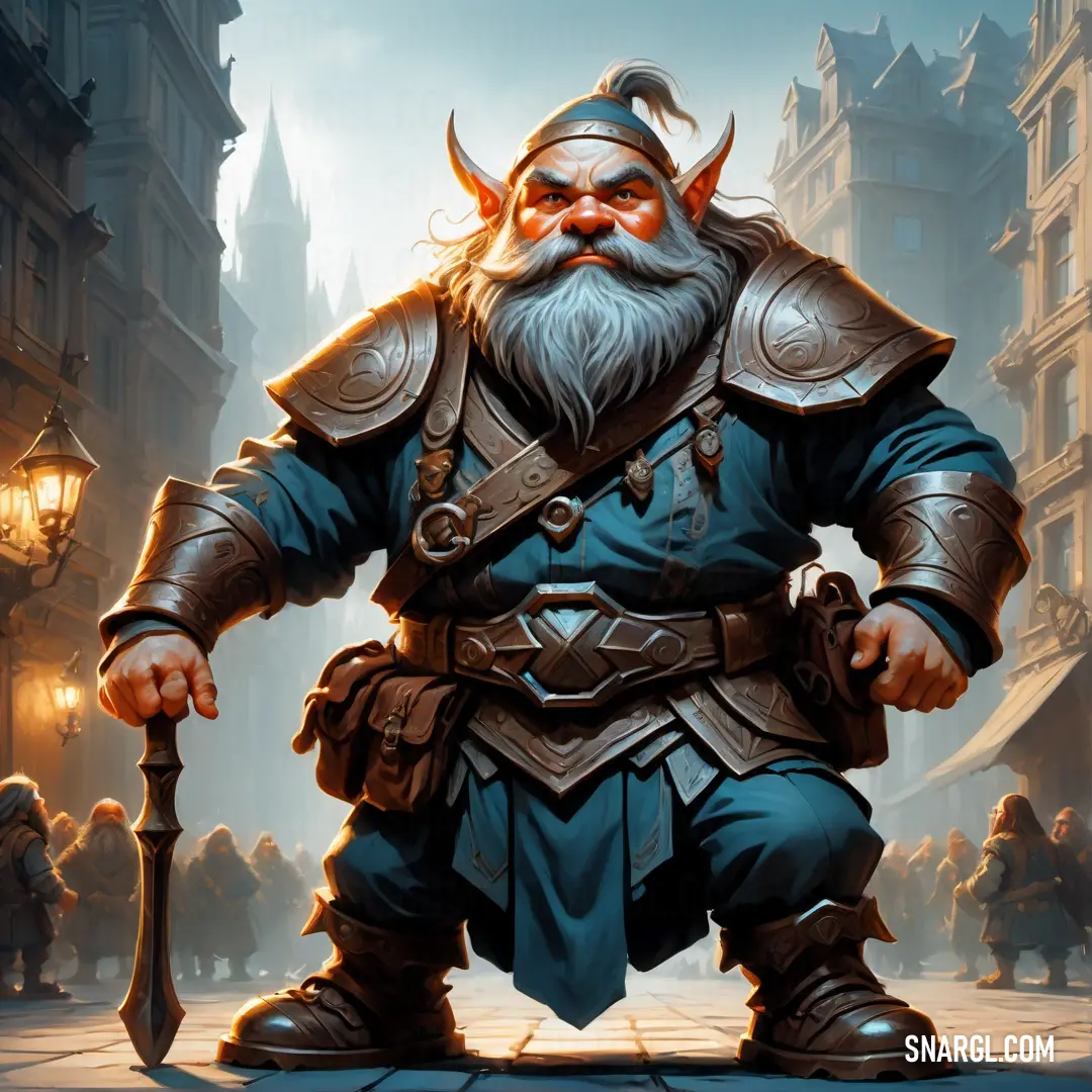 Dwarf with a beard and a beard in a blue outfit standing in front of a street light with a giant horned head