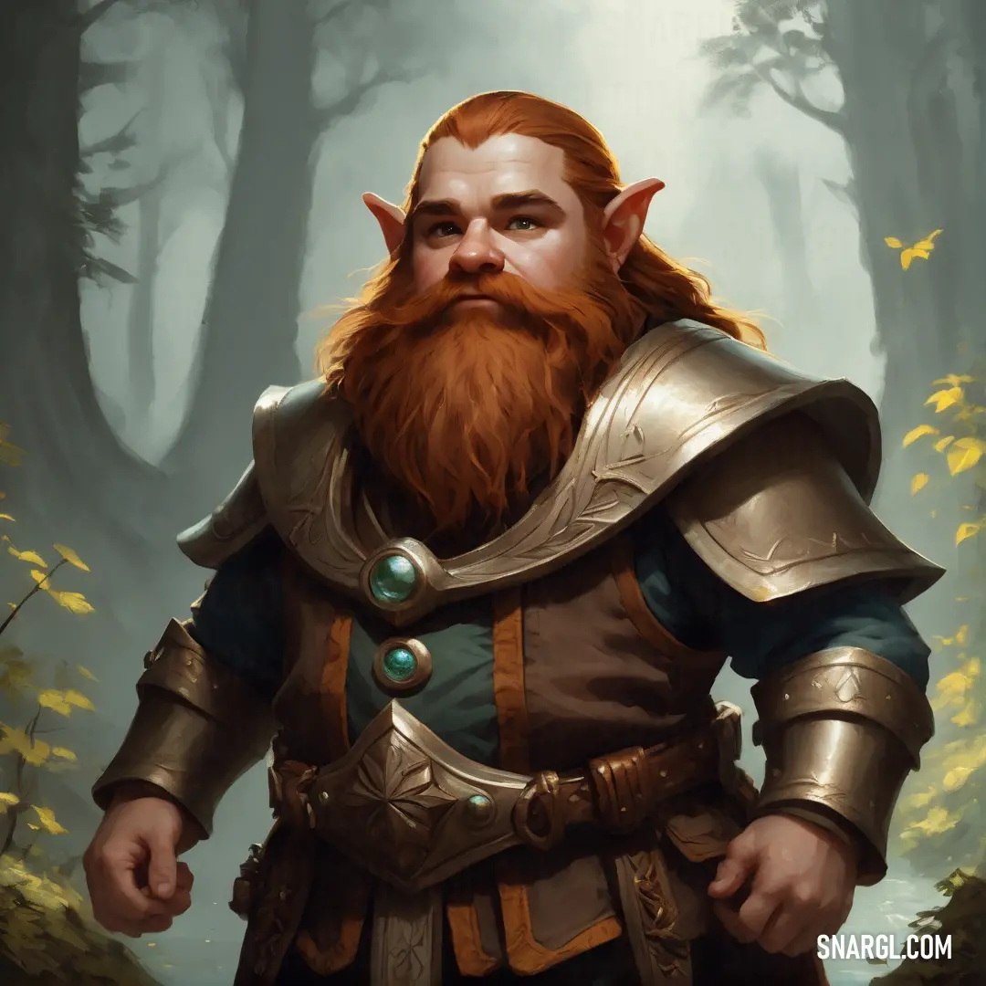 Dwarf with a beard and a beard wearing a suit of armor in a forest with trees and leaves