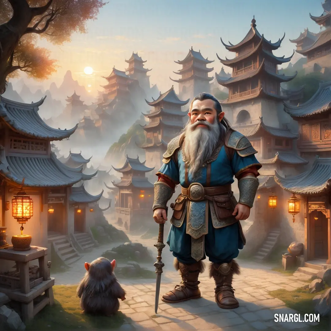 Dwarf with a beard and a long beard standing in front of a forest with a bear and a lantern