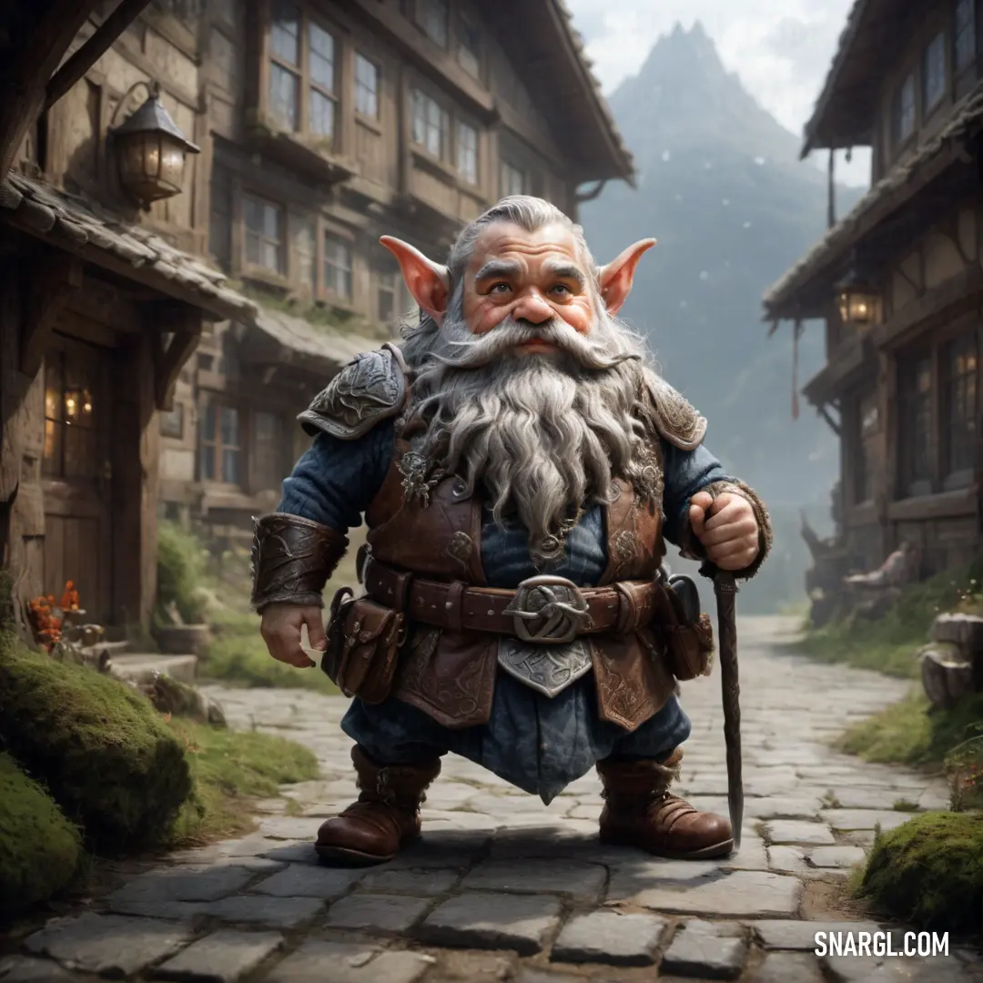 Dwarf with a beard and a beard standing in front of a village with houses and a mountain in the background