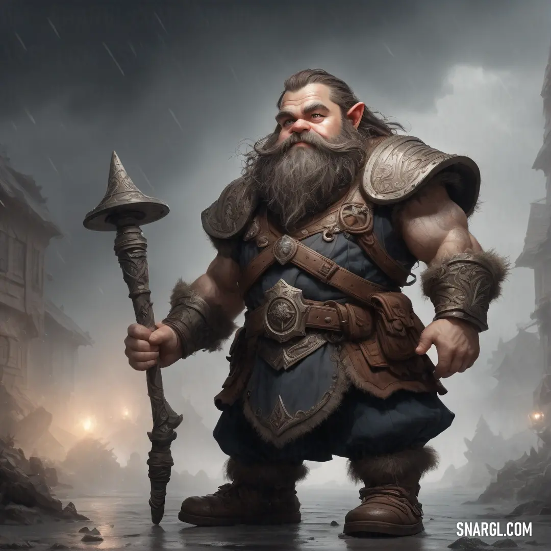 Dwarf with a long beard and a beard holding a large axe in his hand and standing in a wet street